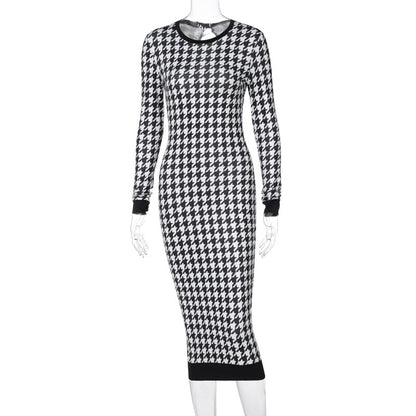 Houndstooth Print Midi Dress