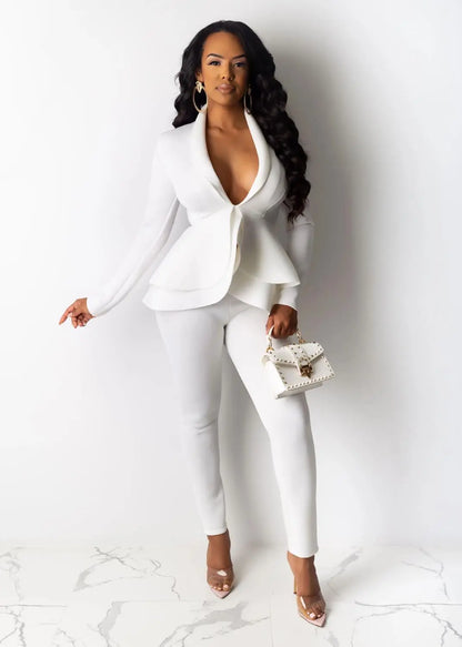 Autumn Full Sleeve Ruffled Blazer Pencil Pant Suit