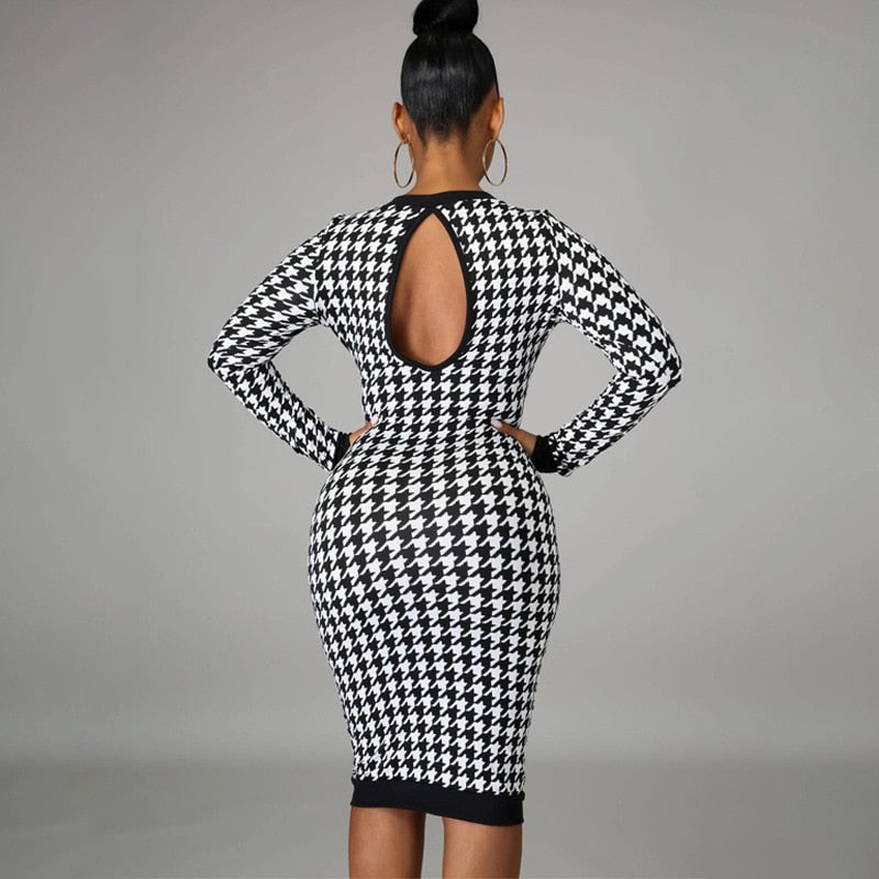 Houndstooth Print Midi Dress