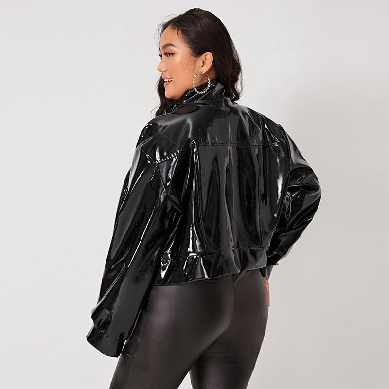 Plus Size Zip Up Patent Leather Jacket