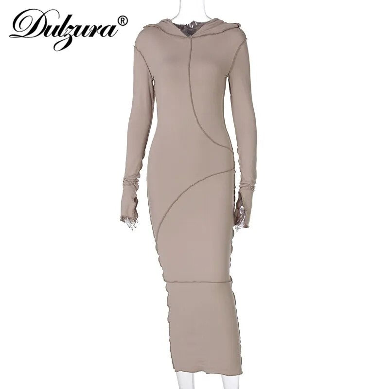 Autumn Patchwork Slit Long Sleeve Hooded Midi Bodycon Dress