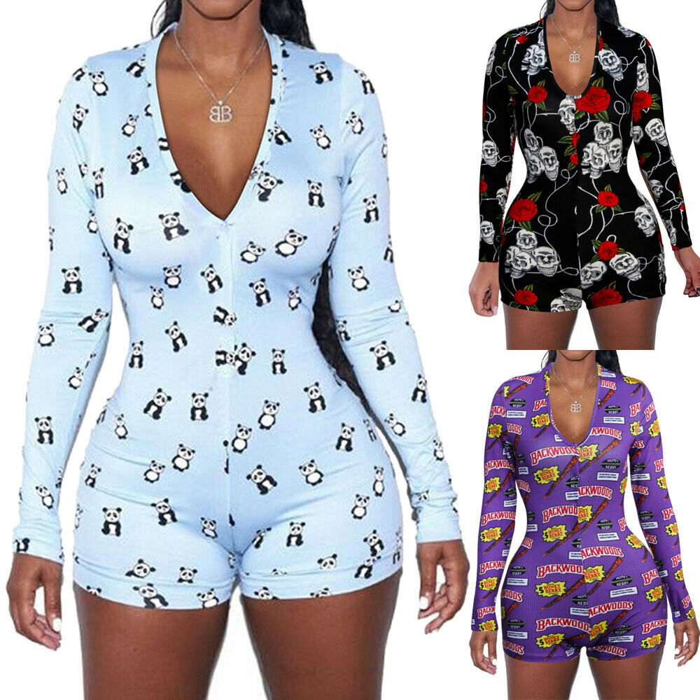 Long Sleeve Button Deep V Neck Stretch Leotard Onesie Pajamas