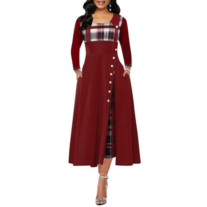 Contrast Colors O Neck Plaid Patchwork Dress