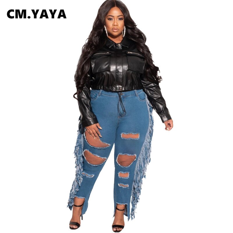 Plus Size Tassel Ripped Mid Waist Jeans