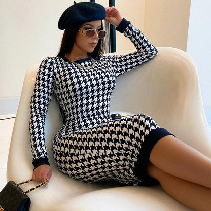 Houndstooth Print Midi Dress