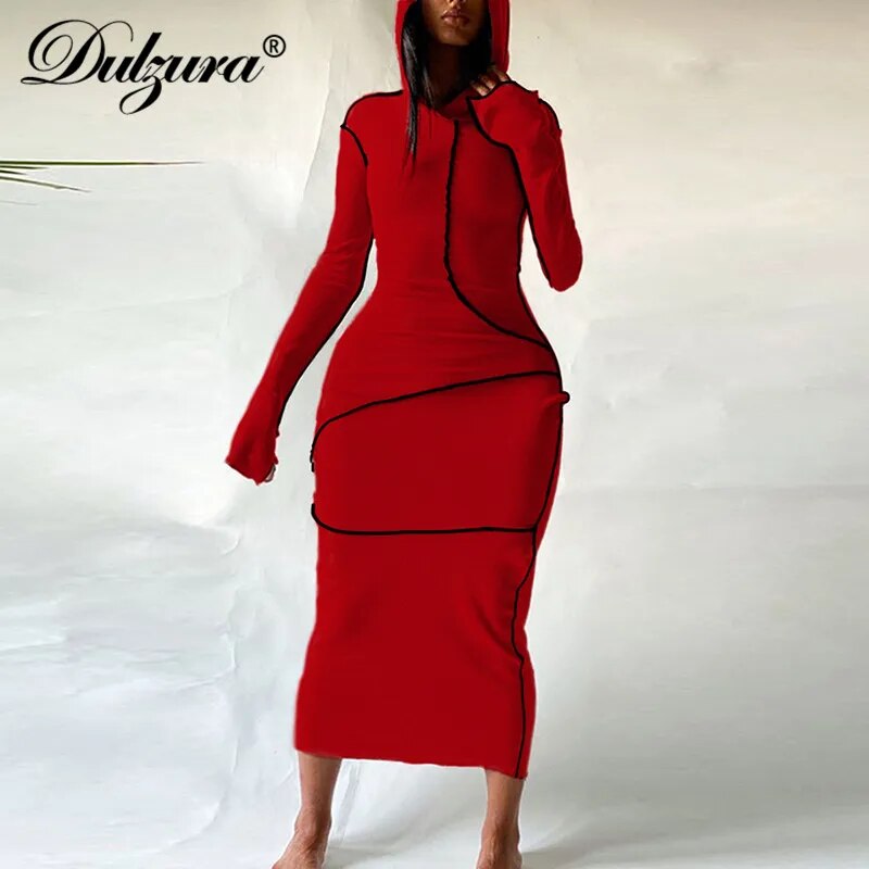 Autumn Patchwork Slit Long Sleeve Hooded Midi Bodycon Dress