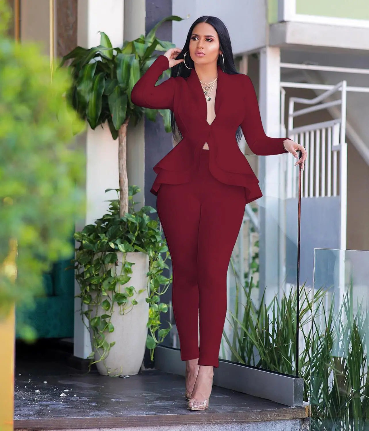 Autumn Full Sleeve Ruffled Blazer Pencil Pant Suit