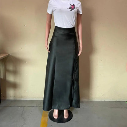 Elegant High Slit Faux Leather Stylish Long Maxi Skirt