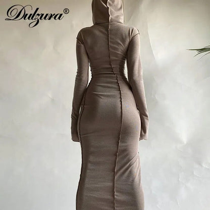 Autumn Patchwork Slit Long Sleeve Hooded Midi Bodycon Dress