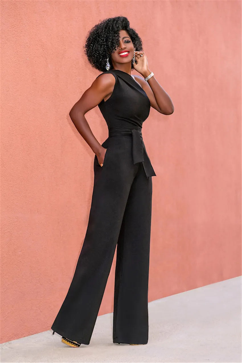 Elegant Sexy One Shoulder Belted Wide Leg Jumpsuit