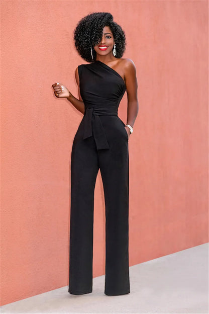 Elegant Sexy One Shoulder Belted Wide Leg Jumpsuit