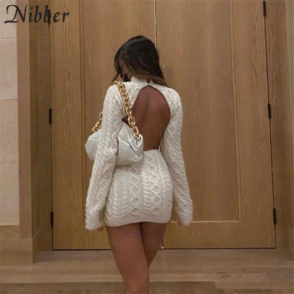 Sexy Autumn Backless Wool Mini Knit Dress