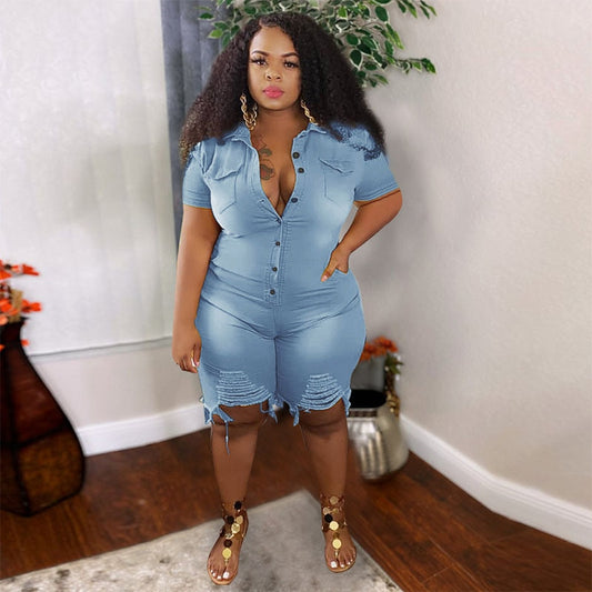 Plus Size Short Sleeve Ripped Denim Jumpsuit