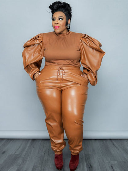 Plus Size Two Piece Knitted Long Sleeve Top and Pant Leather Streetwear Set