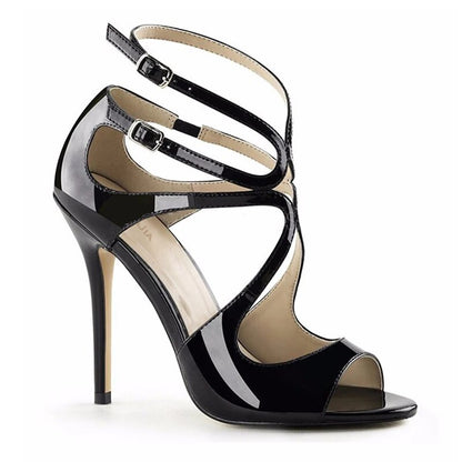 Peep Toe Shiny Black Ankle Strap Elegant Stiletto Heels