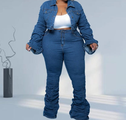 Plus Size Denim Puff Long Sleeve Stretch Stacked Jeans and Jacket Set