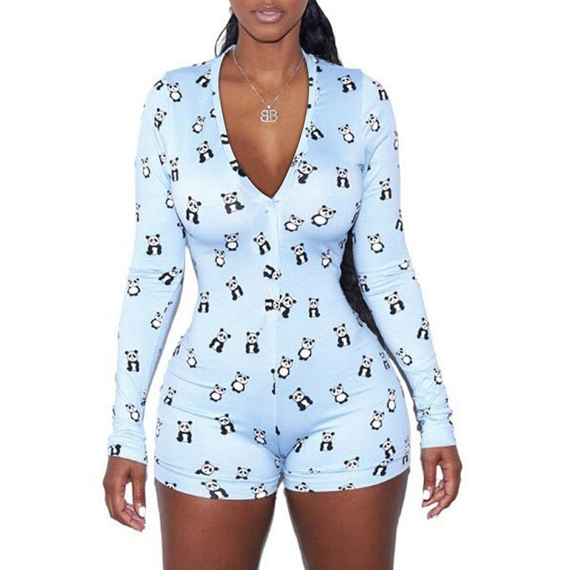 Long Sleeve Button Deep V Neck Stretch Leotard Onesie Pajamas