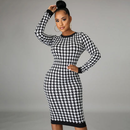 Houndstooth Print Midi Dress