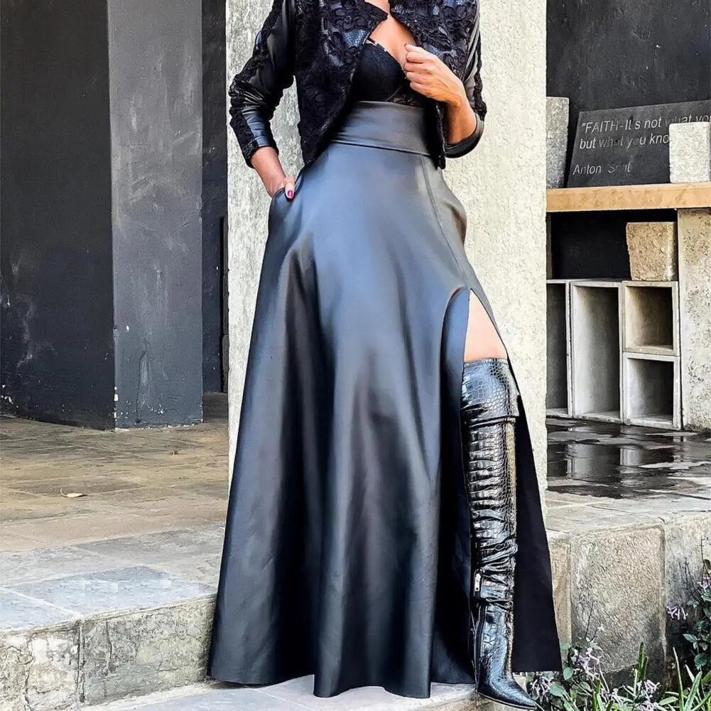 Elegant High Slit Faux Leather Stylish Long Maxi Skirt