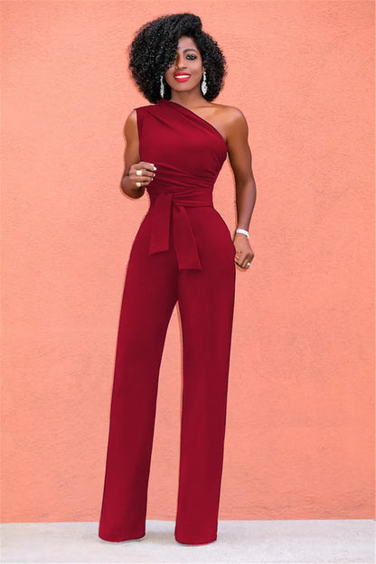 Elegant Sexy One Shoulder Belted Wide Leg Jumpsuit