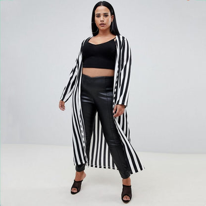 Plus Size Open Front Casual Striped Cardigan