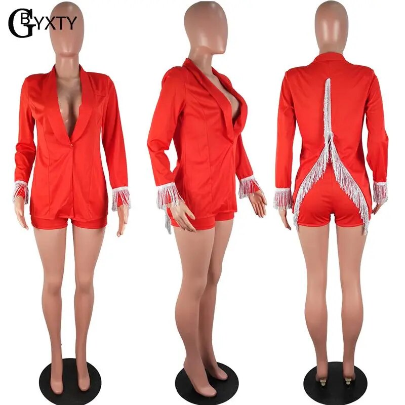 Autumn Backless Tasseled Long Sleeve Blazer Coat and Shorts 2 Piece Set