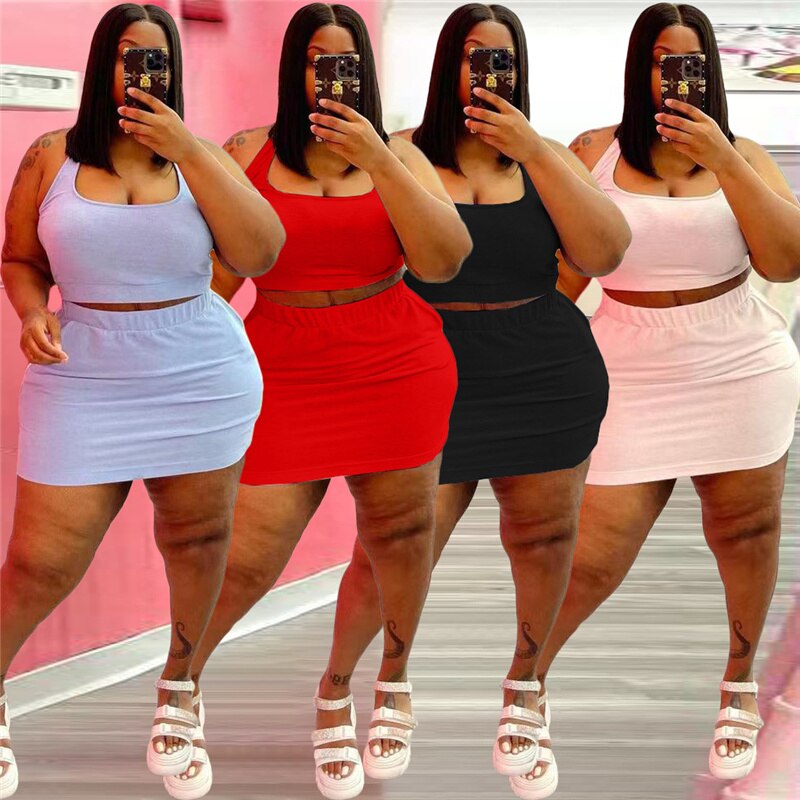 Plus Size Two Piece Sexy Crop Top and Skirt Suit