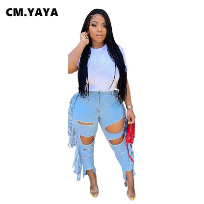 Plus Size Tassel Ripped Mid Waist Jeans