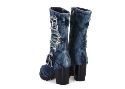 Denim Mid-calf Square Heel Motorcycle Boots