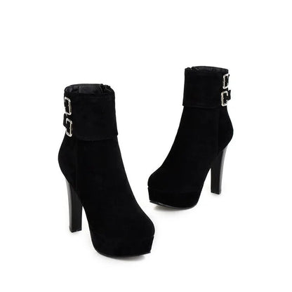 Round Toe Nubuck Buckle High Heeled Boots