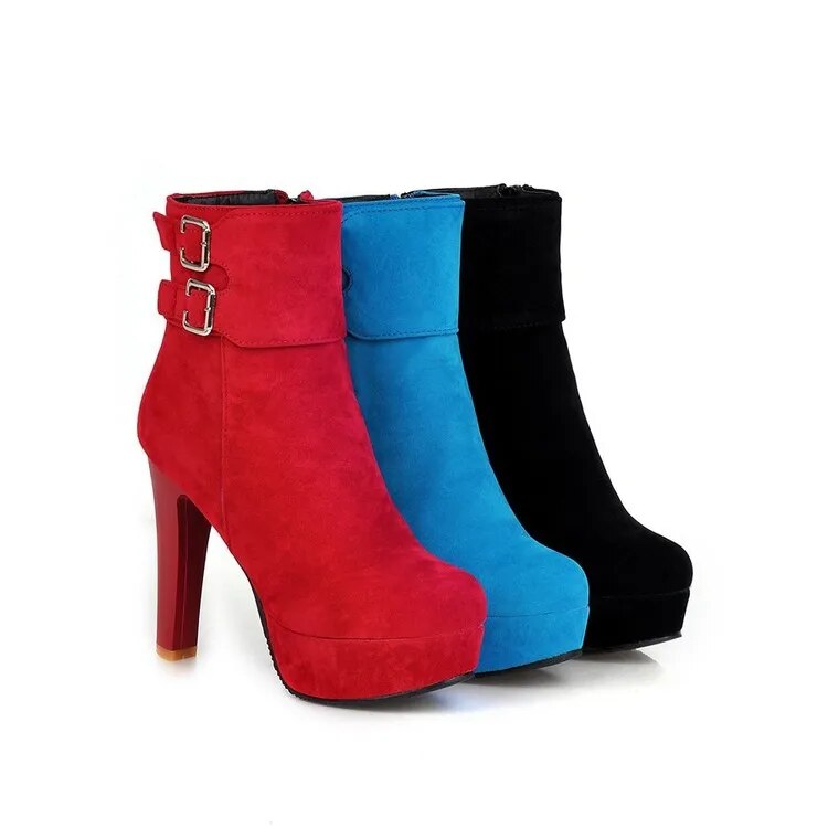 Round Toe Nubuck Buckle High Heeled Boots