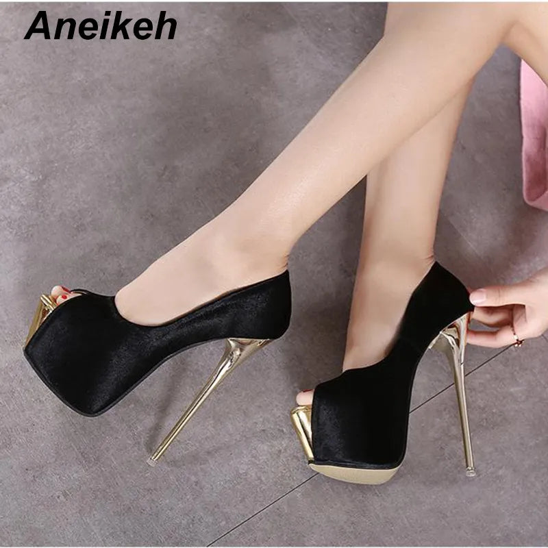 Aneikeh Flocked Peep Toe Super High Skinny Heels