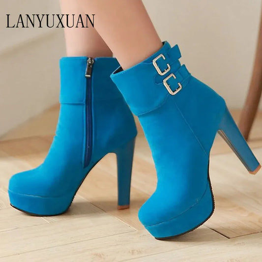 Round Toe Nubuck Buckle High Heeled Boots