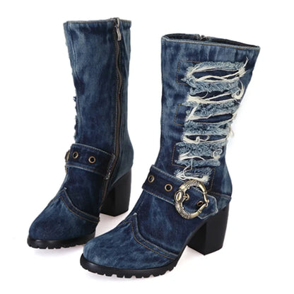 Denim Mid-calf Square Heel Motorcycle Boots