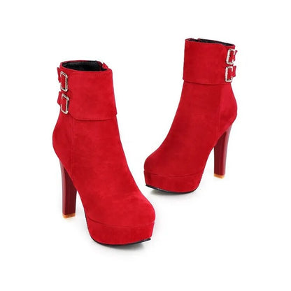 Round Toe Nubuck Buckle High Heeled Boots