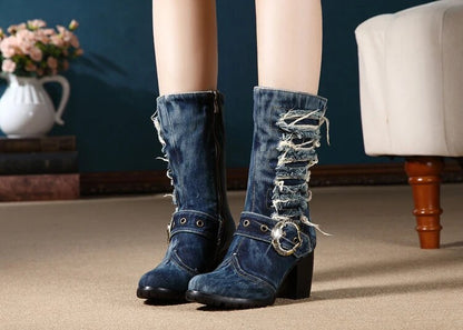 Denim Mid-calf Square Heel Motorcycle Boots