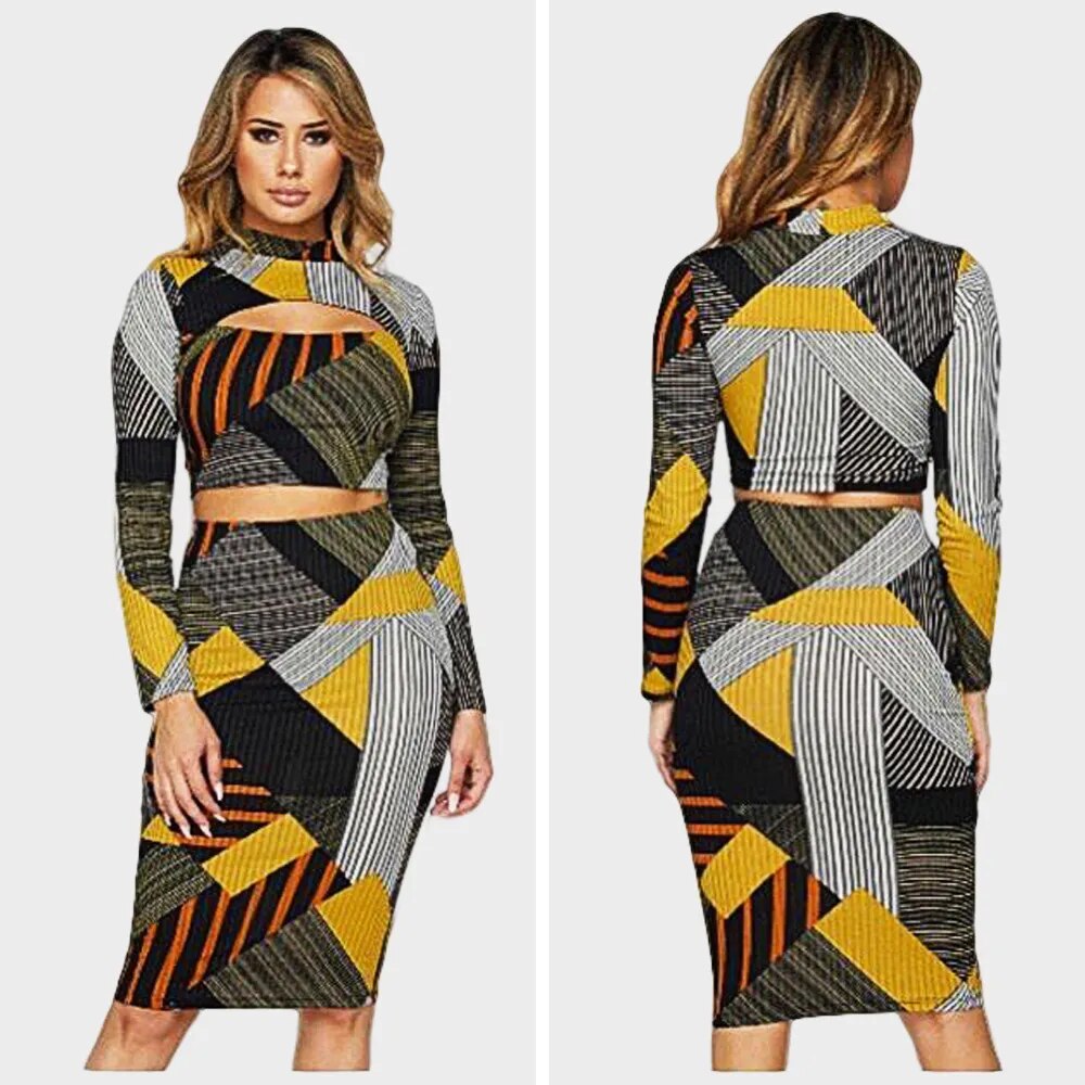 Geometric Stripe Print Hollow Out Pencil Dress