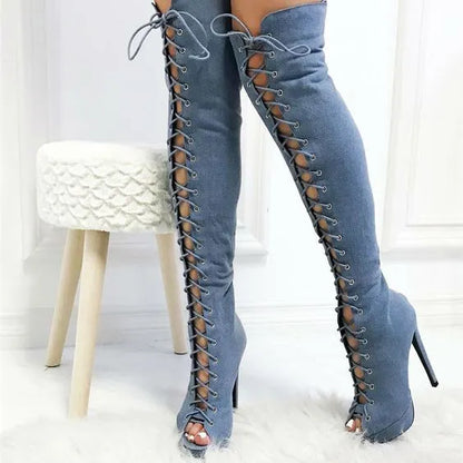 Denim Over-the-Knee Round Toe Lace-Up Platform Boots