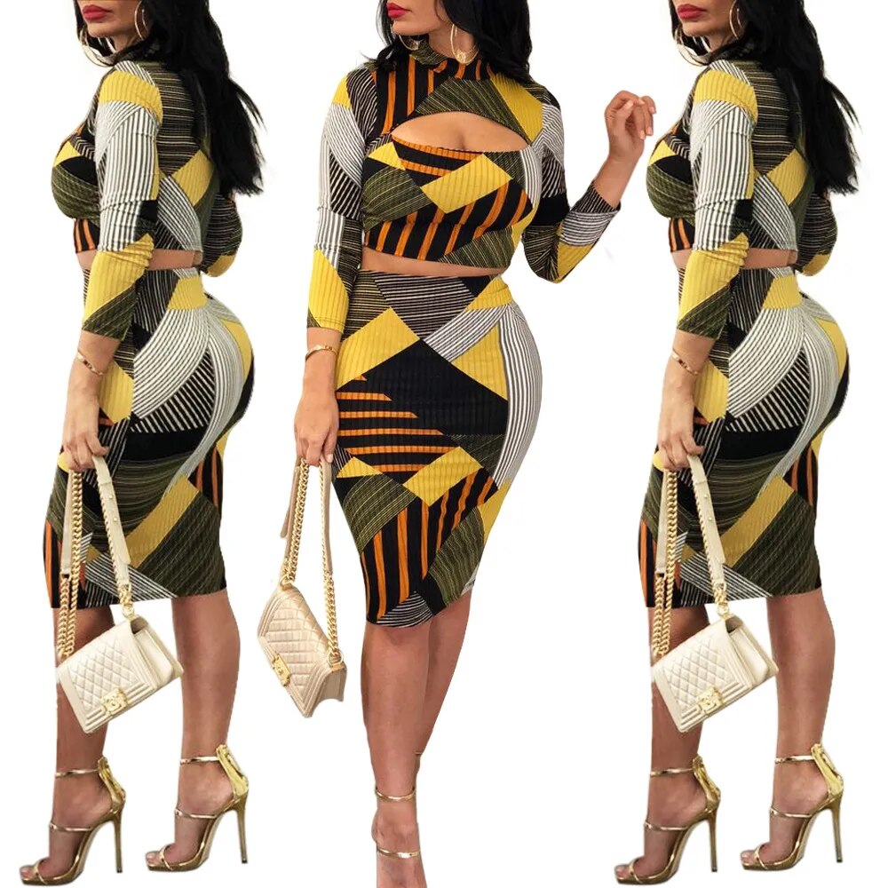 Geometric Stripe Print Hollow Out Pencil Dress