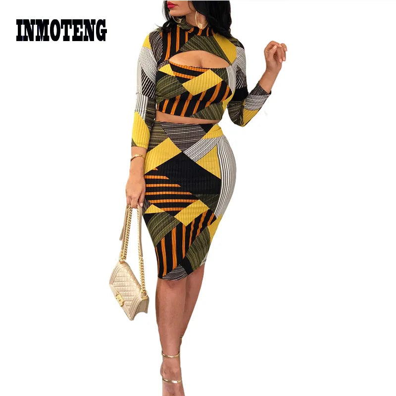 Geometric Stripe Print Hollow Out Pencil Dress