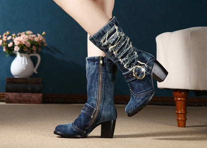 Denim Mid-calf Square Heel Motorcycle Boots