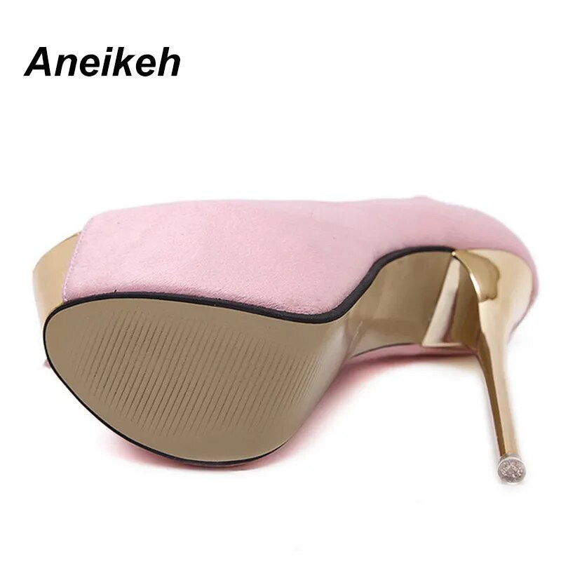 Aneikeh Flocked Peep Toe Super High Skinny Heels