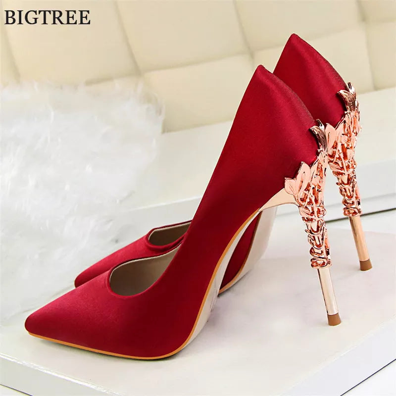 Elegant Metal Carved Solid Silk Pointed Toe High Heels