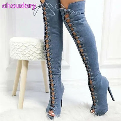 Denim Over-the-Knee Round Toe Lace-Up Platform Boots