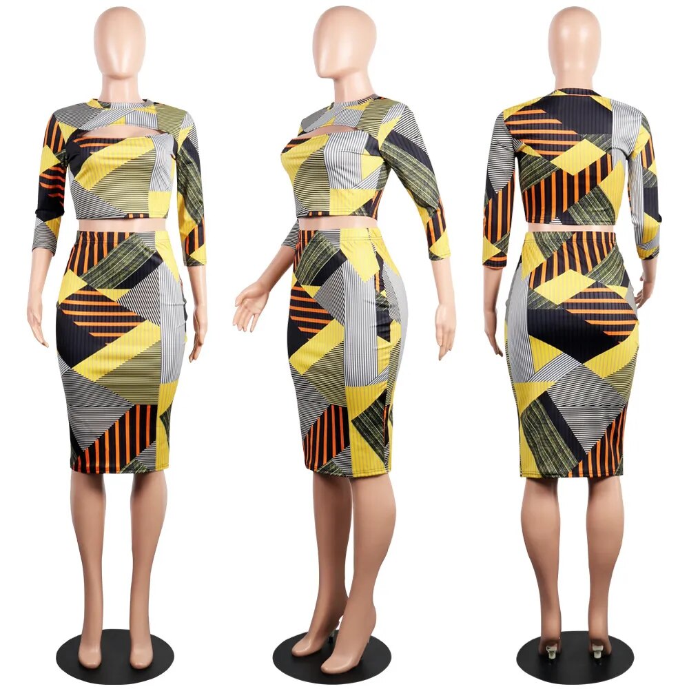 Geometric Stripe Print Hollow Out Pencil Dress