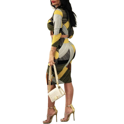 Geometric Stripe Print Hollow Out Pencil Dress