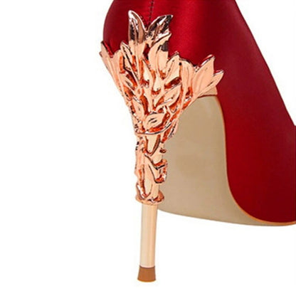 Elegant Metal Carved Solid Silk Pointed Toe High Heels