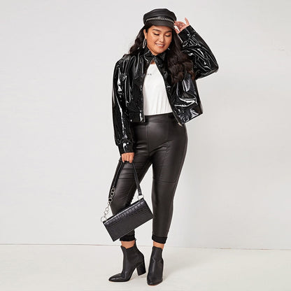 Plus Size Zip Up Patent Leather Jacket