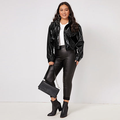 Plus Size Zip Up Patent Leather Jacket