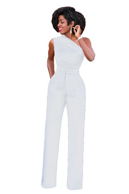 Elegant Sexy One Shoulder Belted Wide Leg Jumpsuit